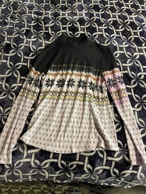 Maurices Black Yoke Fair Isle Mock Neck Sweater with Pink and Yellow Accents